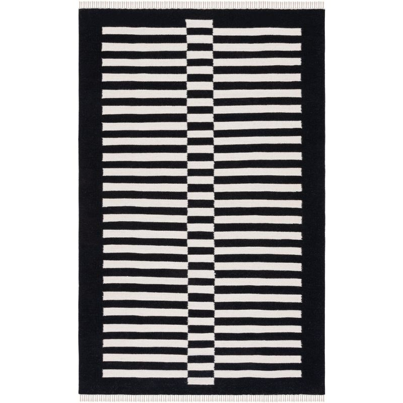 Striped Kilim STK805 Flat Weave Accent Rug - Black/Ivory - 3'x5'- Safavieh
