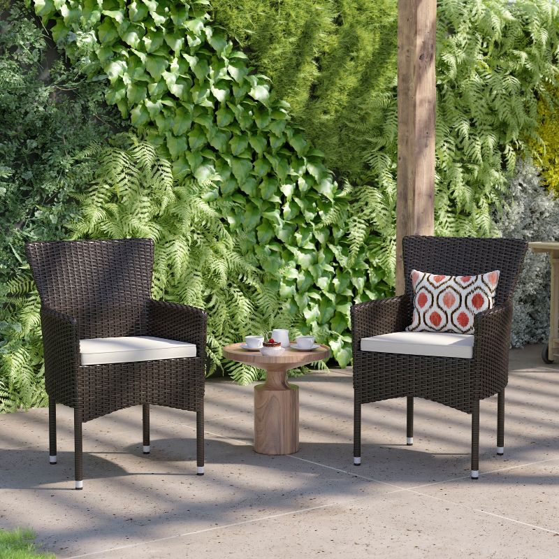 Flash Furniture Maxim Modern Espresso Wicker Patio Armchairs for Deck or Backyard, Fade and Weather-Resistant Frames and Cream Cushions-Set of 2