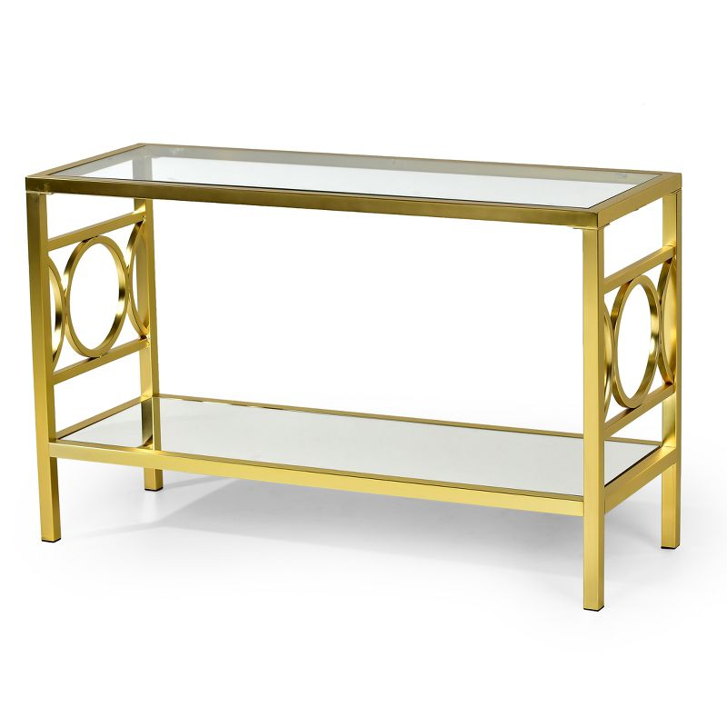 Olympia Sofa Table Glass Iron and Chrome - Steve Silver Co.: Mirrored Base, Circular Side Design, No Tools Assembly
