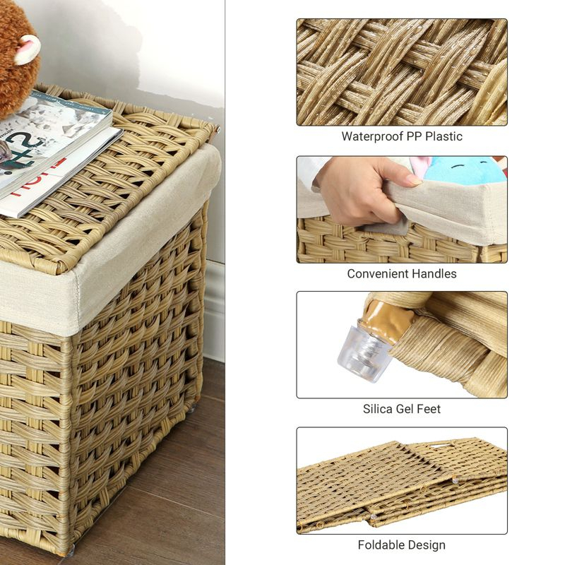 SONGMICS Storage Basket with Lid, 42.3 Gallon (160L) Storage Bin, Woven Blanket Storage Basket with Handles, Foldable, Removable Liner, Natural