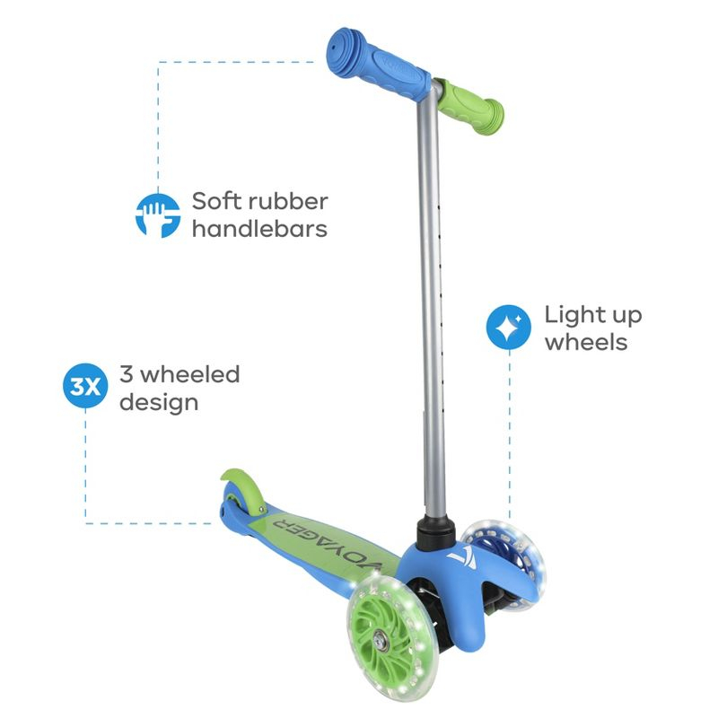 Voyager 3 Wheel Kick Scooter with Light Up Wheels and Tbar - Green