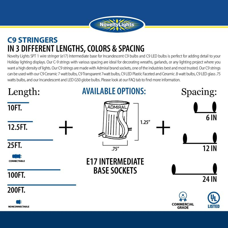 Novelty Lights 25 Feet C9/E17 Intermediate Base Christmas Stringer, Vintage Holiday Hanging Light String, 12" Spacing, SPT-1 20 Gauge Brown Wire