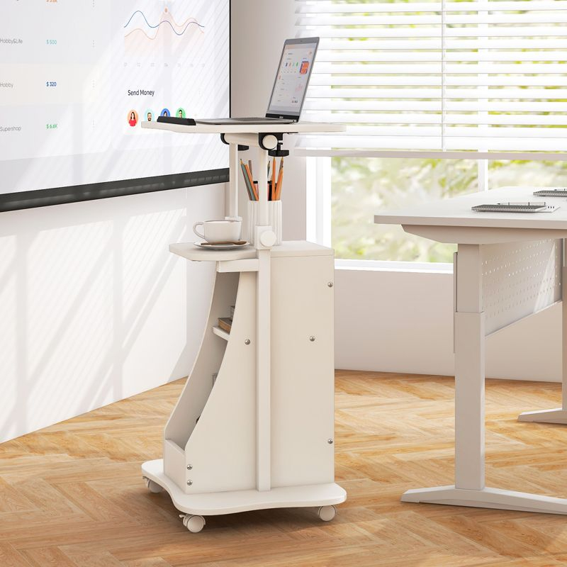 Costway Mobile Podium Stand  Height Adjustable Laptop Cart with Storage Compartments Rolling Lectern with Lockable Casters for Classroom Office White