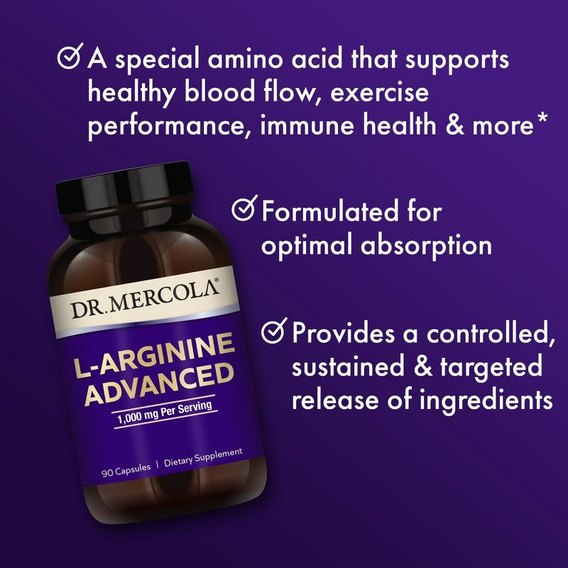 Dr. Mercola L-Arginine Advanced, 30 Servings (90 Capsules), 1,000 mg Per Serving, Dietary Supplement, Supports Energy Production, Non-GMO