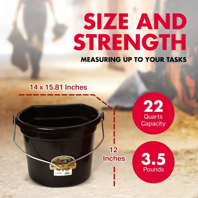 Little Giant 22 Quart Durable and Heavy-Duty Flat Plastic Animal Feed Bucket with Knob Bail and Stacking Ribs for Farms and Ranches, Black