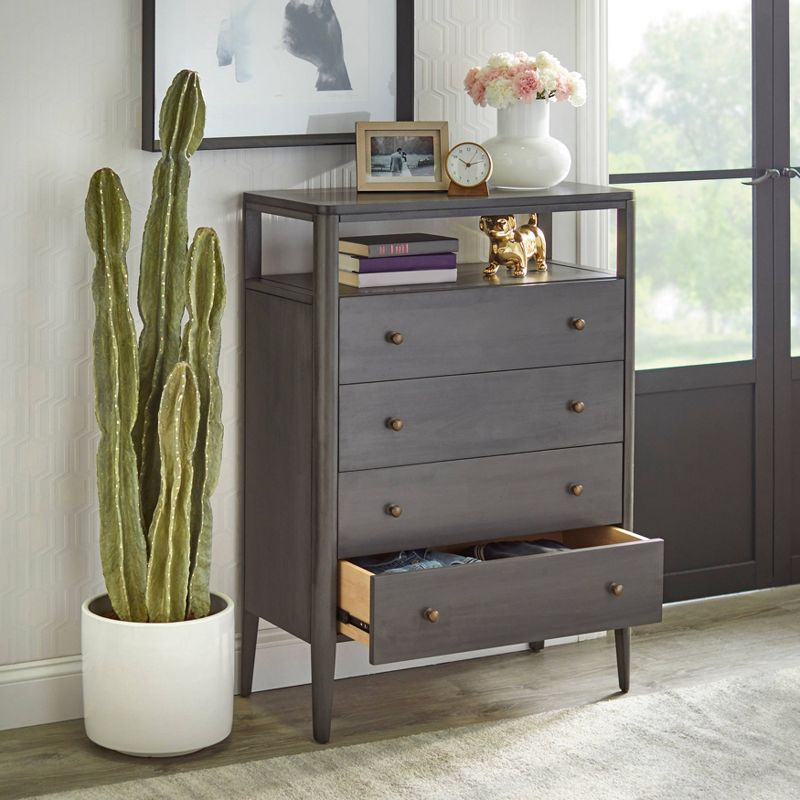 Lifestorey Parc Multiuse Cabinet Gray: Transitional Style, Wood Veneer, MDF & Acacia Frame, 4 Drawers & Doors