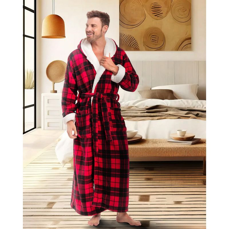 ADR Men's Warm Winter Plush Hooded Bathrobe, Full Length Fleece Robe with Hood Red Black Plaid with Cream Medium