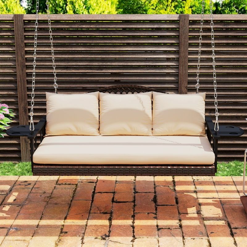 Outsunny 3 Person Outdoor Hanging Wicker Porch Swing Bench with Cup Holders, Cushions, and Chains, 800 LBS Capacity for Garden Backyard, Brown