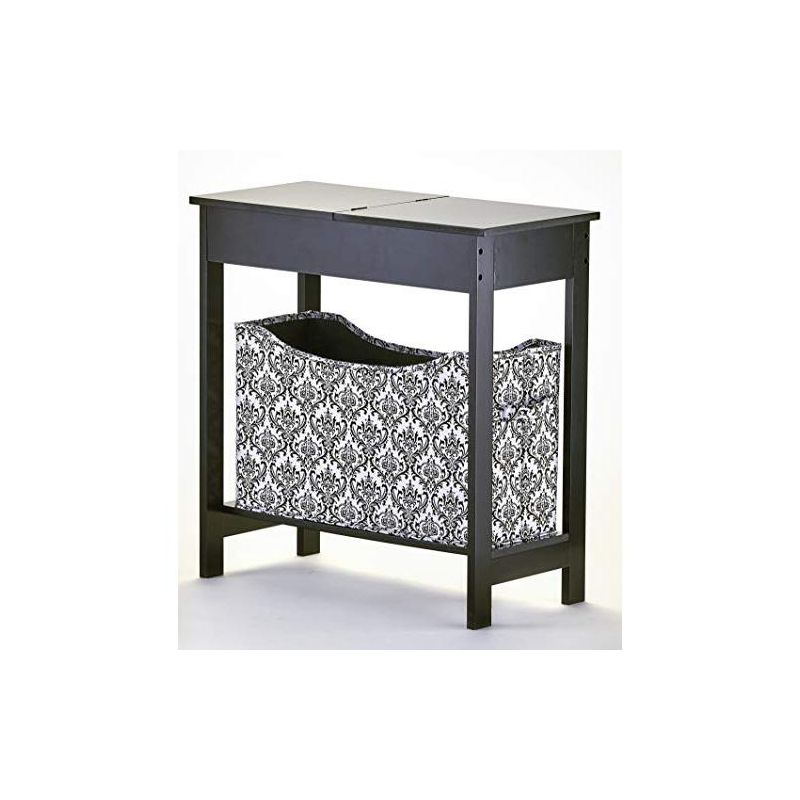 The Lakeside Collection Side Table with Fashion Print Storage Bin - Black with Black Fabric Basket