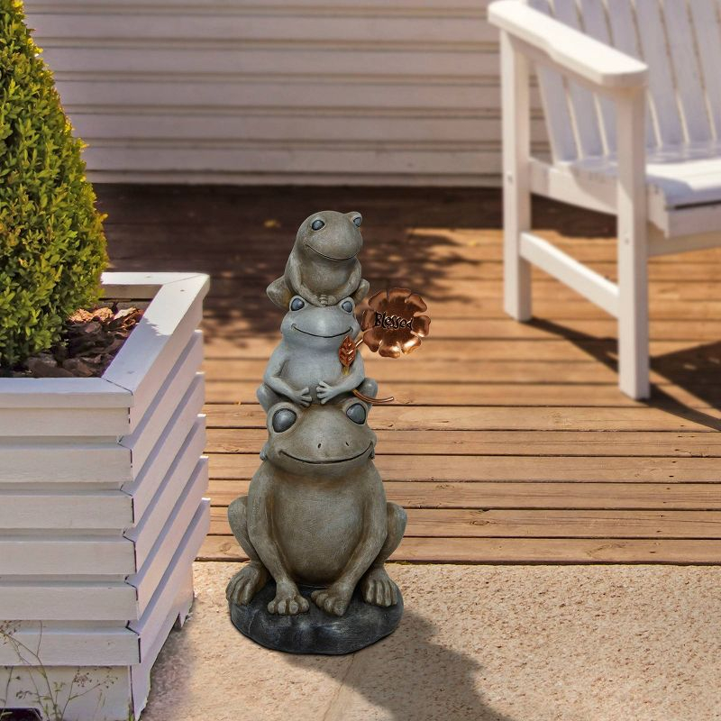 18" Polyresin Stacked Frogs with Flower Indoor/Outdoor Decorative Garden Statue Heathered Gray/Olive Green - Alpine Corporation