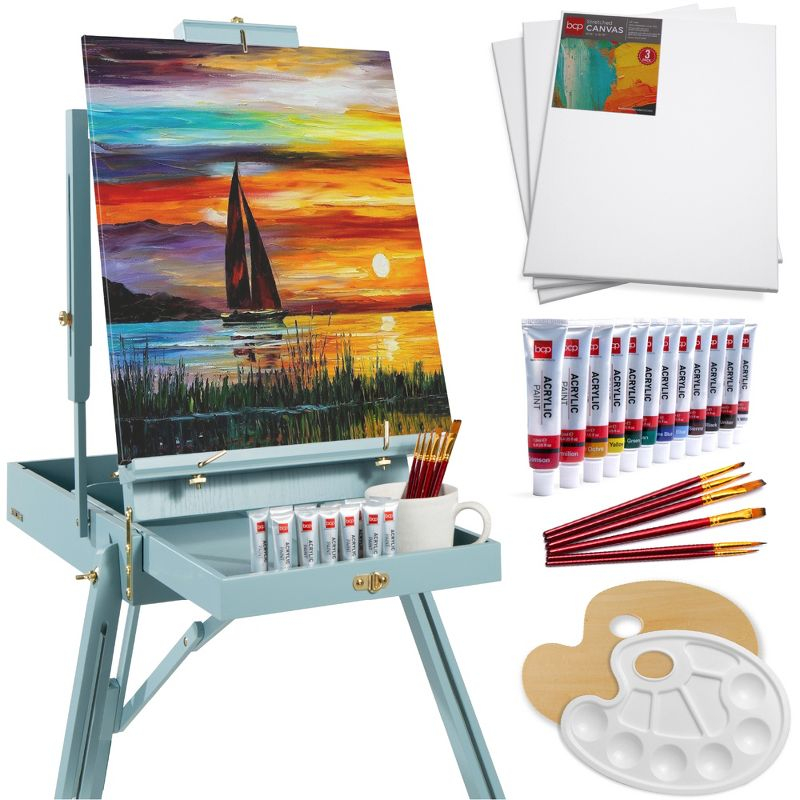 Best Choice Products French Easel, 32pc Beginners Kit Portable Wooden Adjustable Tripod  w/ Paint Supplies - Blue