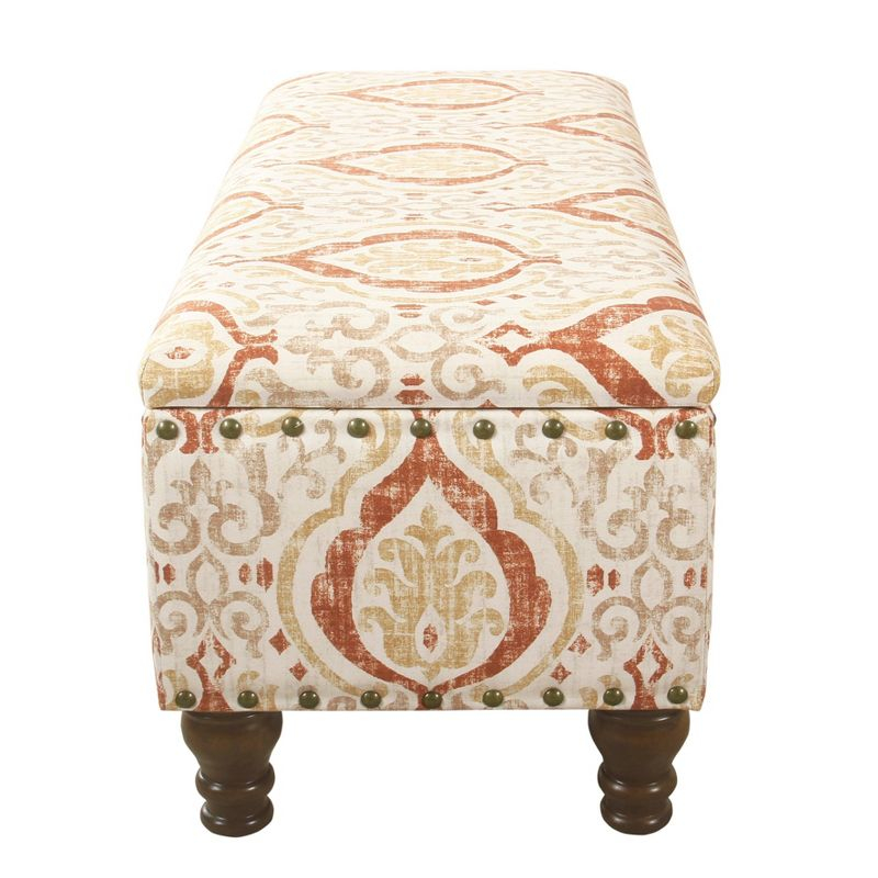 Large Storage Bench with Nailhead Orange/Cream Medallion - HomePop: Upholstered Rectangular Ottoman for Bedroom