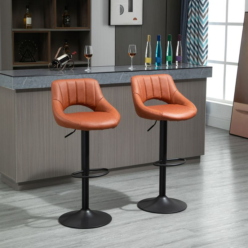 HOMCOM Modern Bar Stools Set of 2 Swivel Bar Height Barstools Chairs with Adjustable Height, Round Heavy Metal Base, and Footrest, Brown