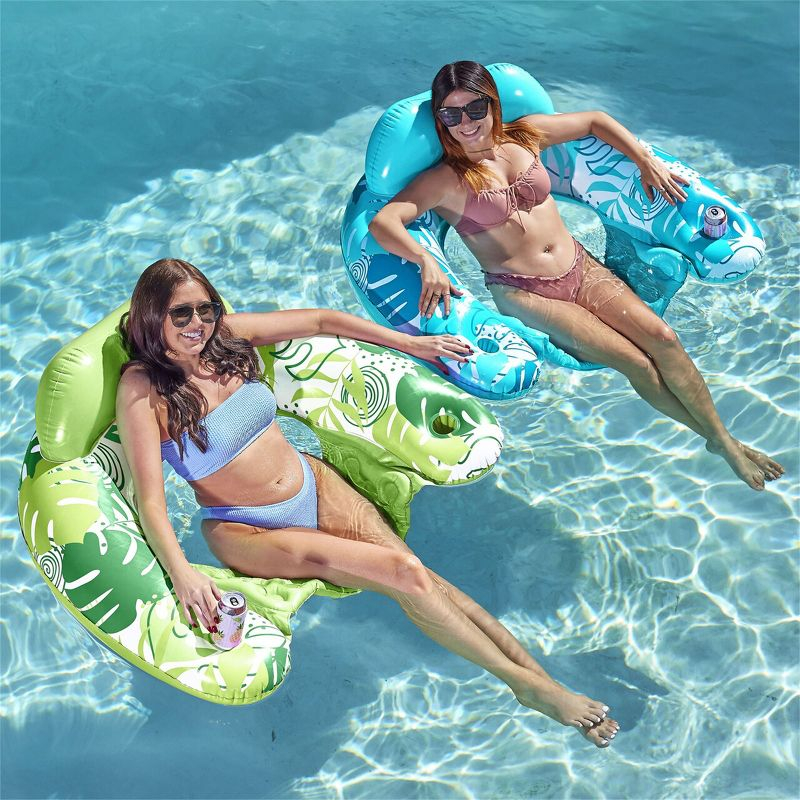 Joyfy 2 Packs Inflatable Pool Floats Chair, Pool Lounge Chairs with Cup Holders for Adult Summer Water Fun Swimming Party Beach - Blue, Green