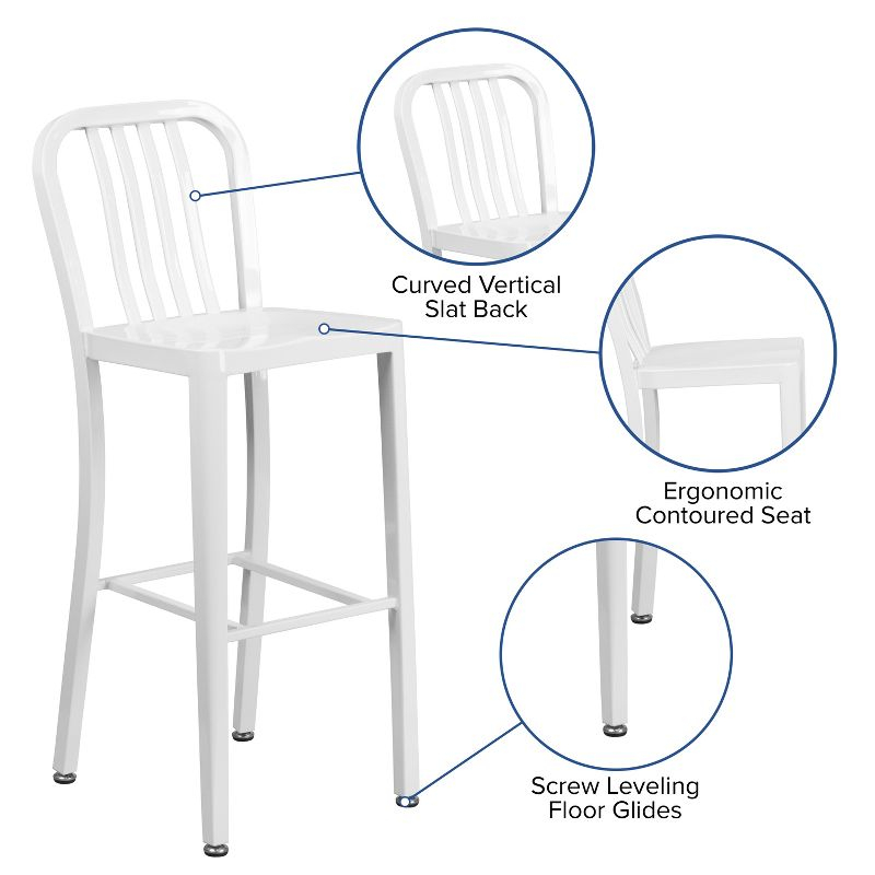 Flash Furniture Commercial Grade 30" High White Metal Indoor-Outdoor Barstool with Vertical Slat Back