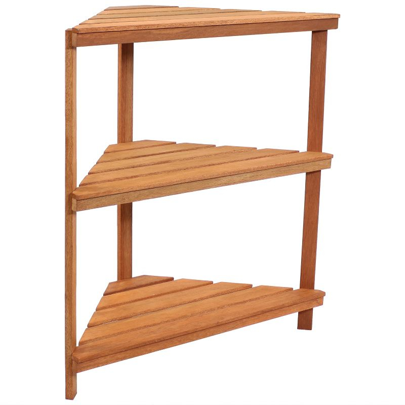 Sunnydaze Indoor/Outdoor Meranti Wood with Teak Oil Finish 3-Tiered Corner Flower Plant Stand Shelf Display - 36" - Brown