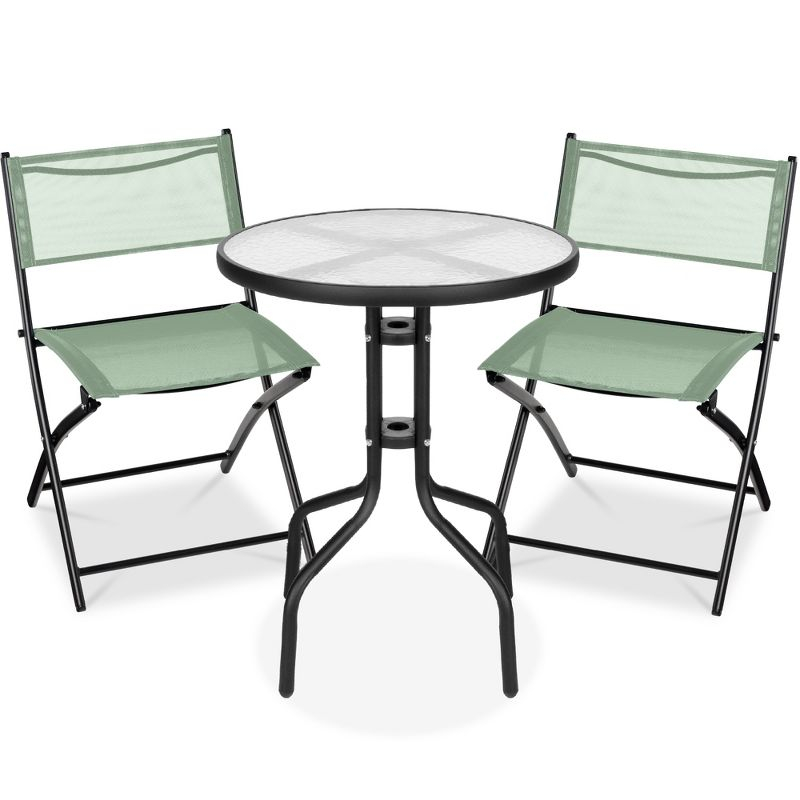 George Oliver 3-Piece Patio Bistro Dining Furniture Set W/ Glass Tabletop, Folding Chairs