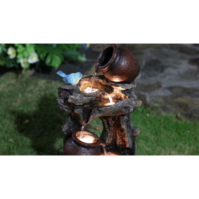 LuxenHome Rustic Pots and Pitchers on Tree Resin Outdoor Fountain with Lights Brown