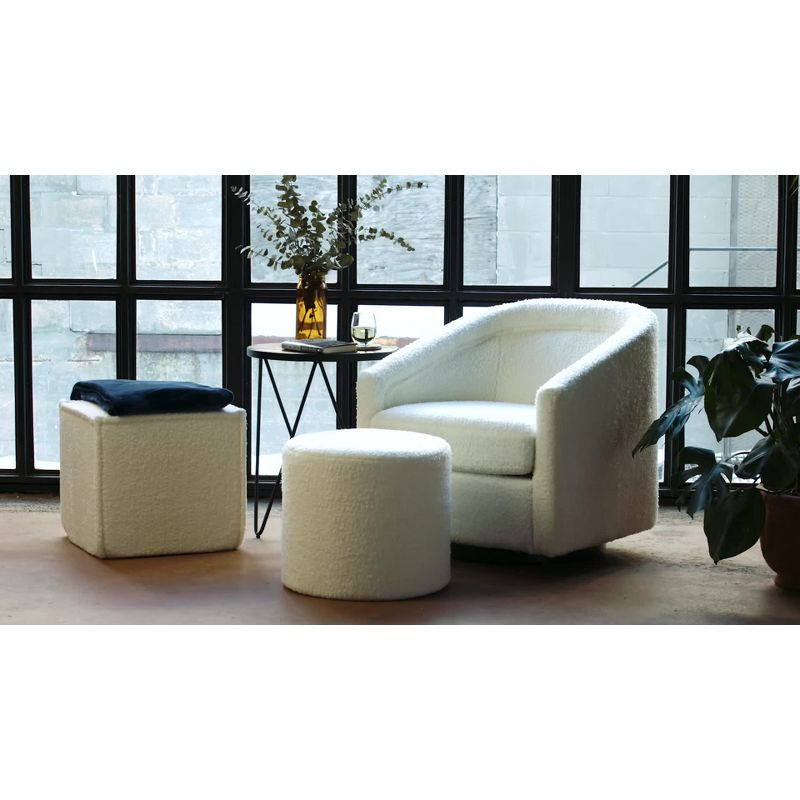 19" Round Pouf Ottoman Cream Boucle - WOVENBYRD: Upholstered, No Assembly Required