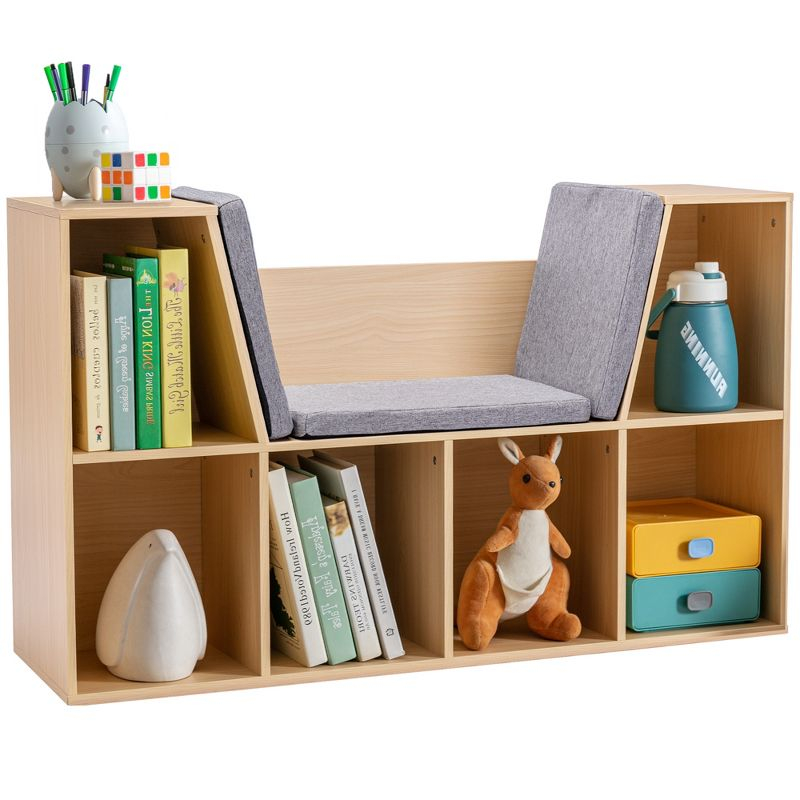 HOMCOM 6-Cubby Kids Bookcase, Reading Nook Organizer with Seat Cushion, Toddler Storage Cabinet Shelf for Playroom Bedroom Natual, 40.5" x 12" x 23.5"