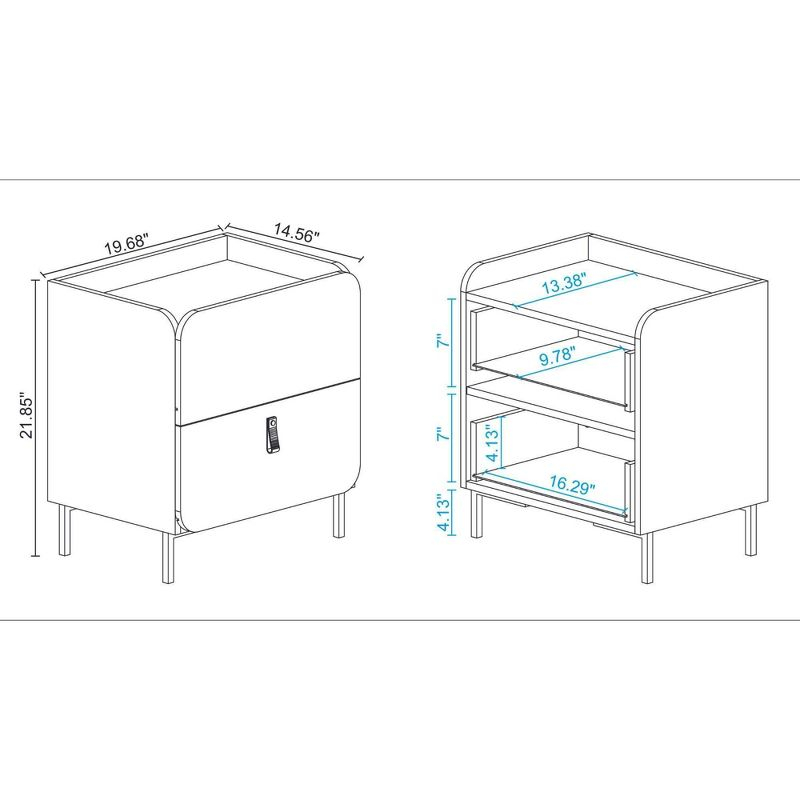 Manhattan Comfort Set of 2 Bogardus Mid Century Modern Nightstands White: Rounded Drawer, Leather Pull, Particle Board