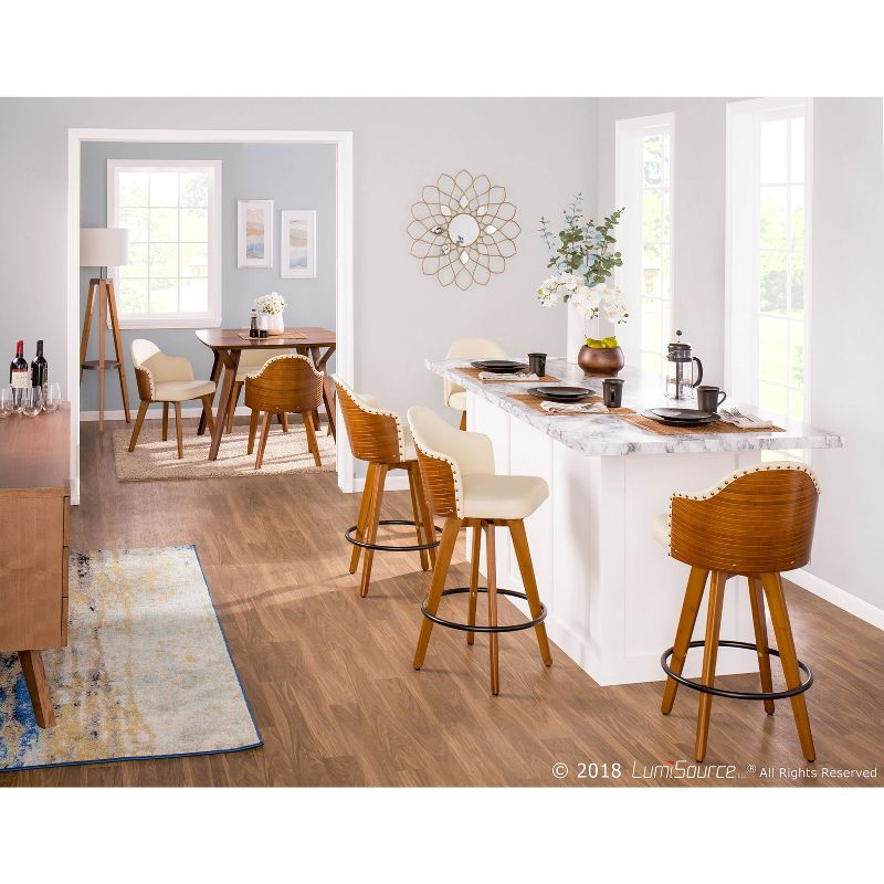 LumiSource 26" Ahoy Mid-Century Modern Counter Height Barstool Walnut/Cream: Swivel Seat, Padded Back, Wood Legs