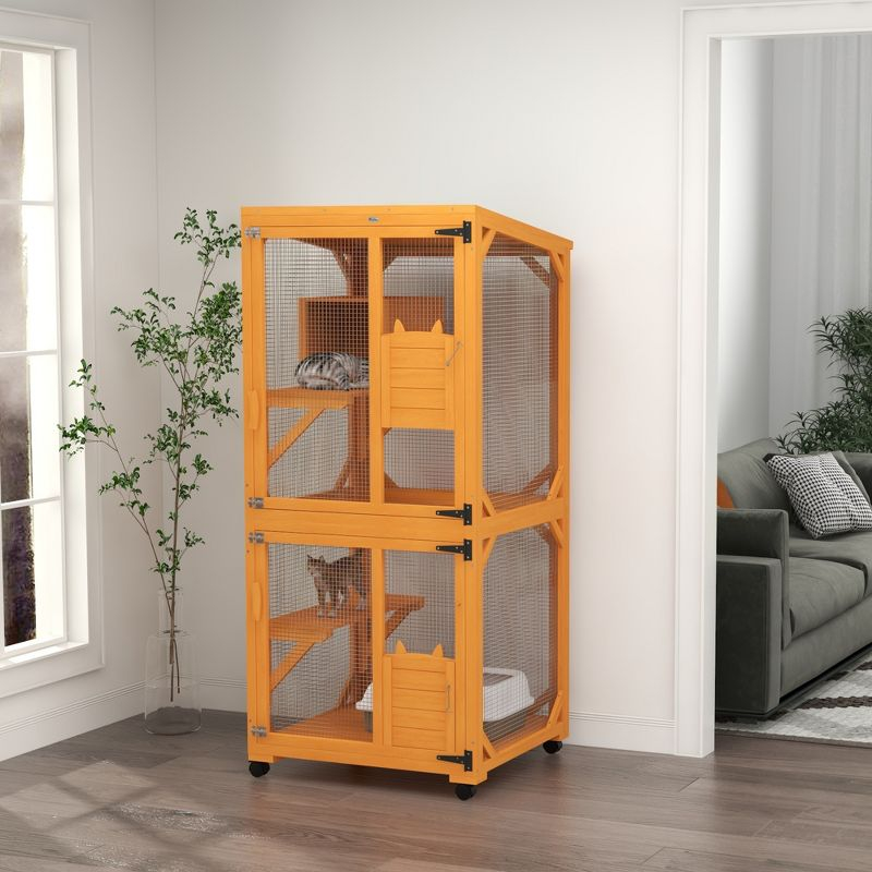 PawHut Catio Outdoor, Large Cat Enclosure, Wooden Kitten House, Elevated Design, with Wheels, Water-Resistant, Multi Platforms, for 1-3 Cats, Orange