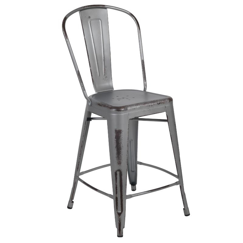 Flash Furniture Commercial Grade 24" High Distressed Silver Gray Metal Indoor-Outdoor Counter Height Stool with Back