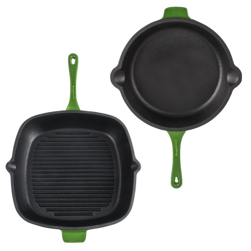 BergHOFF Neo 2Pc Cast Iron Cookware Set, 11" Grill Pan & 10" Fry Pan, Green