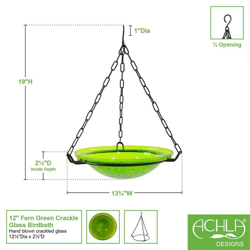 12.5" Crackle Glass Hanging Birdbath Bowl Fern Green - ACHLA Designs: Weather-Resistant, No Assembly Required