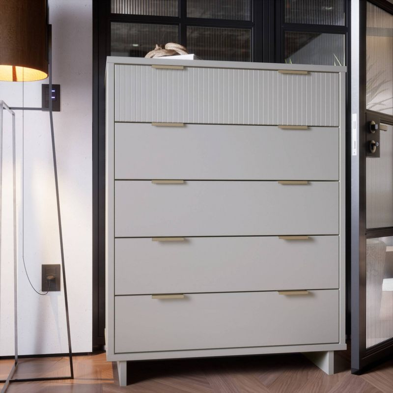 Manhattan Comfort Tall Granville Modern 5 Drawer Dresser Light Gray: Wood Frame, Spot Clean, Anti-Tip Hardware