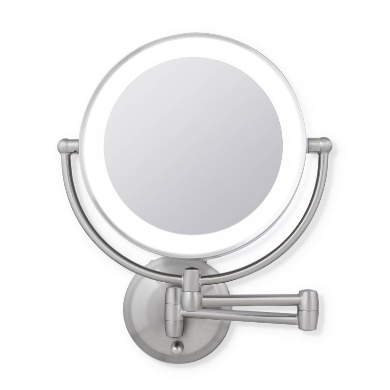 11" Round LED Wall Mount Powered by Battery or Adaptor Makeup Mirror Satin Nickel Finish - Zadro: 10x Magnifying, Spot Clean, Metal & Glass