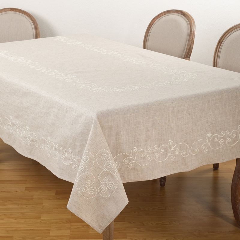 Saro Lifestyle Embroidered Swirl Natural Linen Blend Tablecloth, Natural, 67"x180",