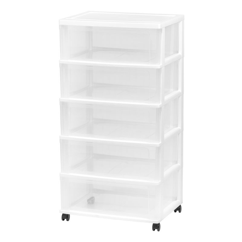 IRIS USA 5 Drawer Wide Storage Drawer Cart with Caster Wheels, Plastic Rolling Dresser for Home Closet Bedroom Bathroom Office Laundry, White/Clear