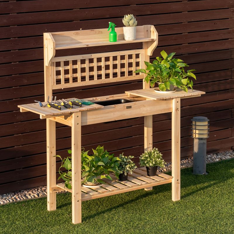 Costway Garden Potting Bench Workstation Table w/Sliding Tabletop Sink Shelves