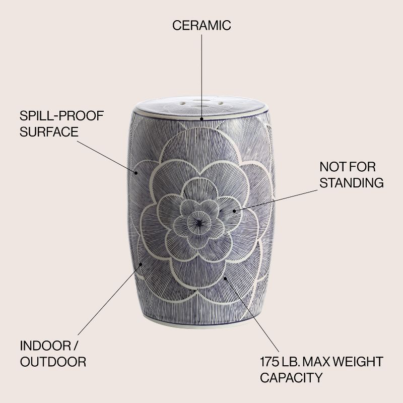 JONATHAN Y Camellia 17" Ceramic Drum Garden Stool, Blue