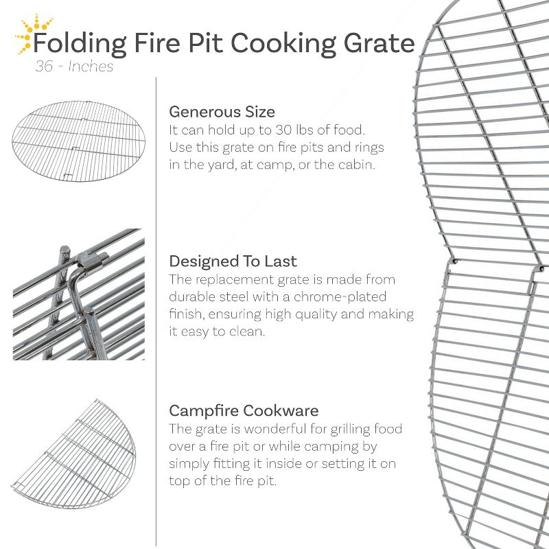 Sunnydaze Outdoor Camping Portable Heavy-Duty, Foldable Chrome-Plated Fire Pit Cooking Grill Grate - 36"