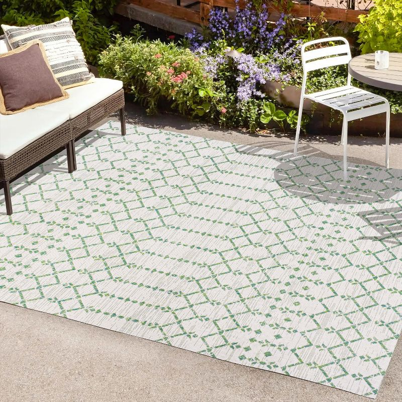 3' x 5' Ourika Moroccan Geometric Textured Weave Indoor/Outdoor Area Rug, Green/Ivory - JONATHAN Y