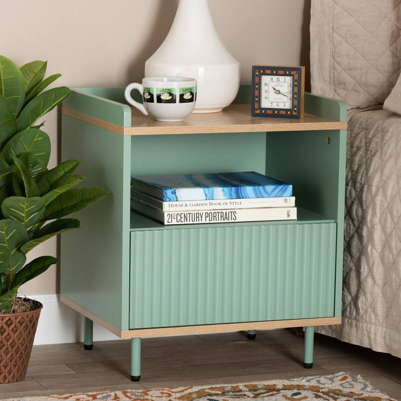 Tavita Two-Tone Wood 1 Drawer End Table Oak Brown/Mint Green - Baxton Studio: Side Table with Storage Shelf