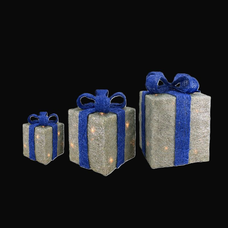 Northlight Lighted Gift Boxes Outdoor Christmas Decorations - 10" - Silver and Blue - Set of 3