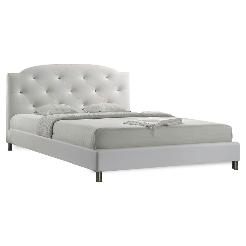 Full Canterbury Leather Contemporary Bed White - Baxton Studio: Crystal Tufted, Chrome Legs, No Box Spring Required