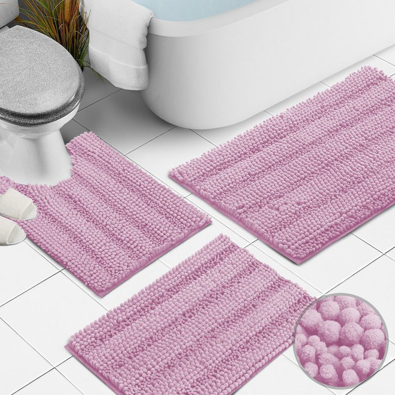 Hearth & Harbor 3 Piece Striped Bathroom Rug set, Ultra Soft Chenille Bathroom Rugs - Lilac