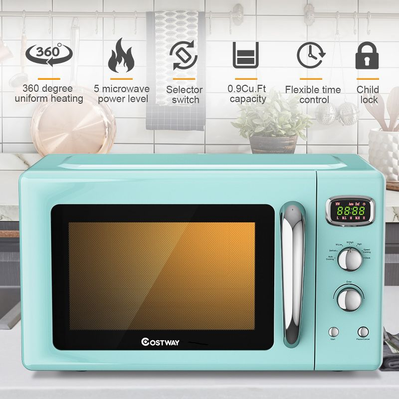 Costway 0.9Cu.ft. Retro Countertop Compact Microwave Oven 900W 8 Cooking Settings Green