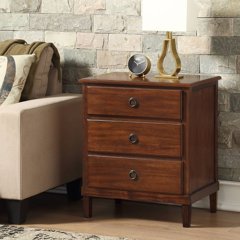 Comfort Pointe Cambridge Nightstand Brown: Elegant 3-Drawer Storage, Metal Hardware, No Assembly Required