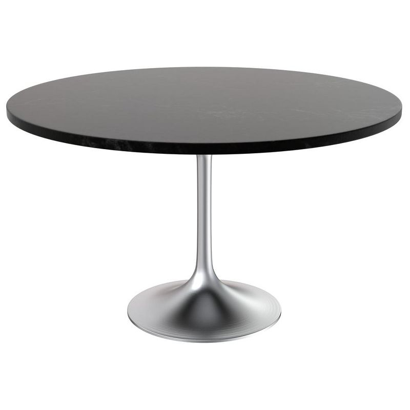 LeisureMod Verve Mid-Century Modern 48" Round Table with MDF Top and Brushed Chrome Pedestal Base for Dining Room and Kitchen in Black