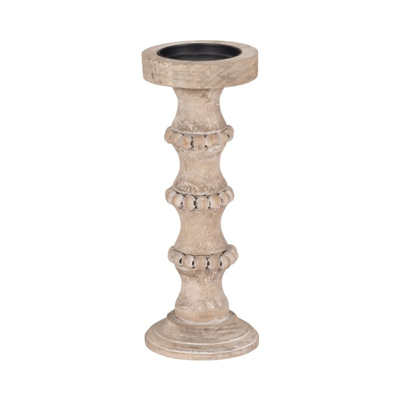 Sagebrook Home Wood Pillar Candle Holder with Decorative Beads, Antique Finish Candlestick for Home or Wedding Decor, Ivory/Beige, 5 L x 5 W x 13 H