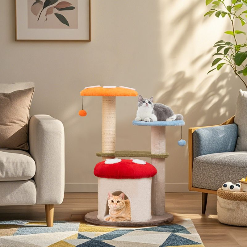Tangkula Cute Mushroom Cat Tree 35" Tall Cat Tower w/ Sisal Scratching Posts Cat Condo