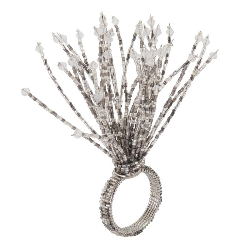 Saro Lifestyle Beaded Burst Design Napkin Rings (Set of 4), Silver