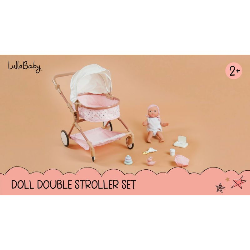 LullaBaby 14" Baby Doll & Double Stroller Accessory Set - Pink & Golden Stars