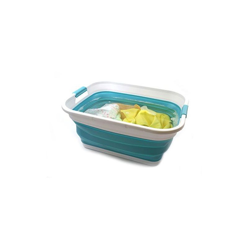 SAMMART 41L (10.8 gallon) Collapsible Plastic Laundry Basket, White/Lake Green